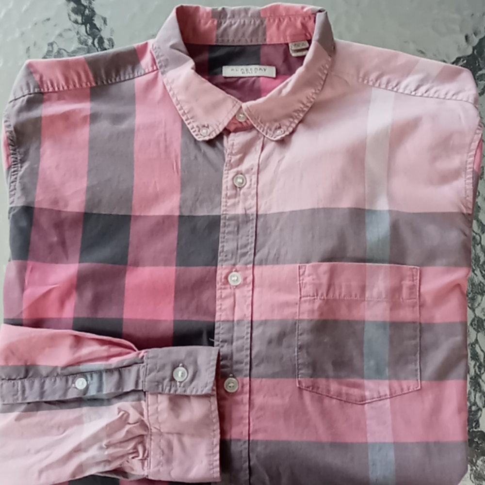 Burberry Men's Pink Gray Button Down Shirt